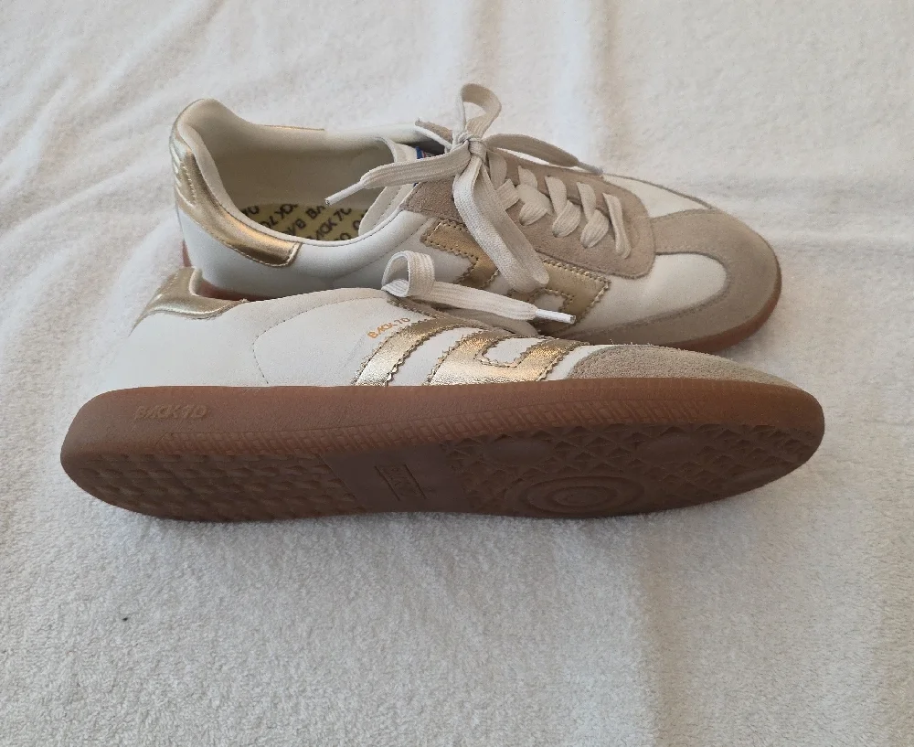 Back 70 Women's White & Taupe Lace-Up Sneakers with Metallic Gold Accent - Picture 6 of 8